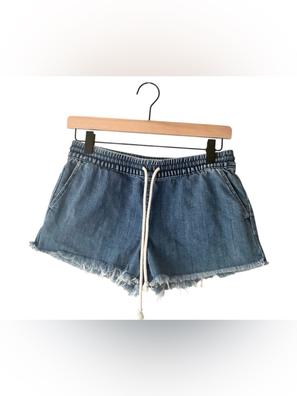 aerie Light Blue Denim Drawstring Frayed Hem Shorts